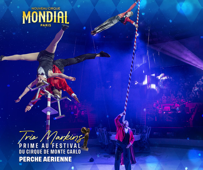 Photo du Trio Markins avec leur perche aérienne au Nouveau Cirque Mondial de Paris